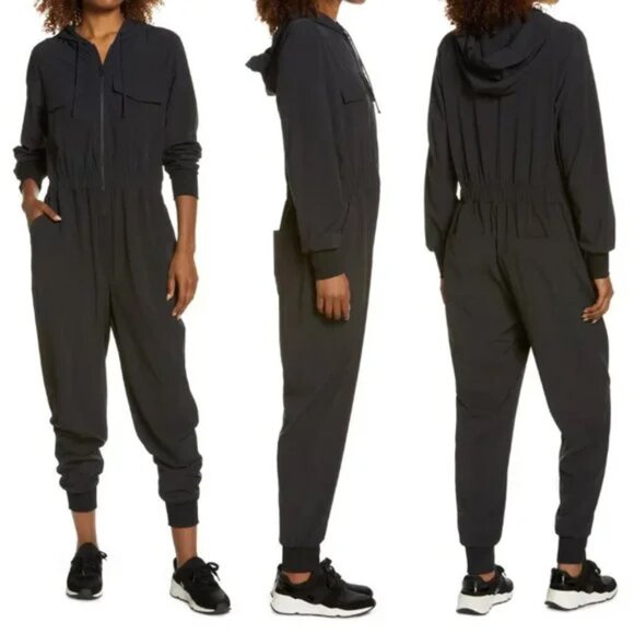 Zella Nordstrom Getaway Long Sleeve Stretch Woven Active Jumpsuit S Black $99 - Picture 1 of 16